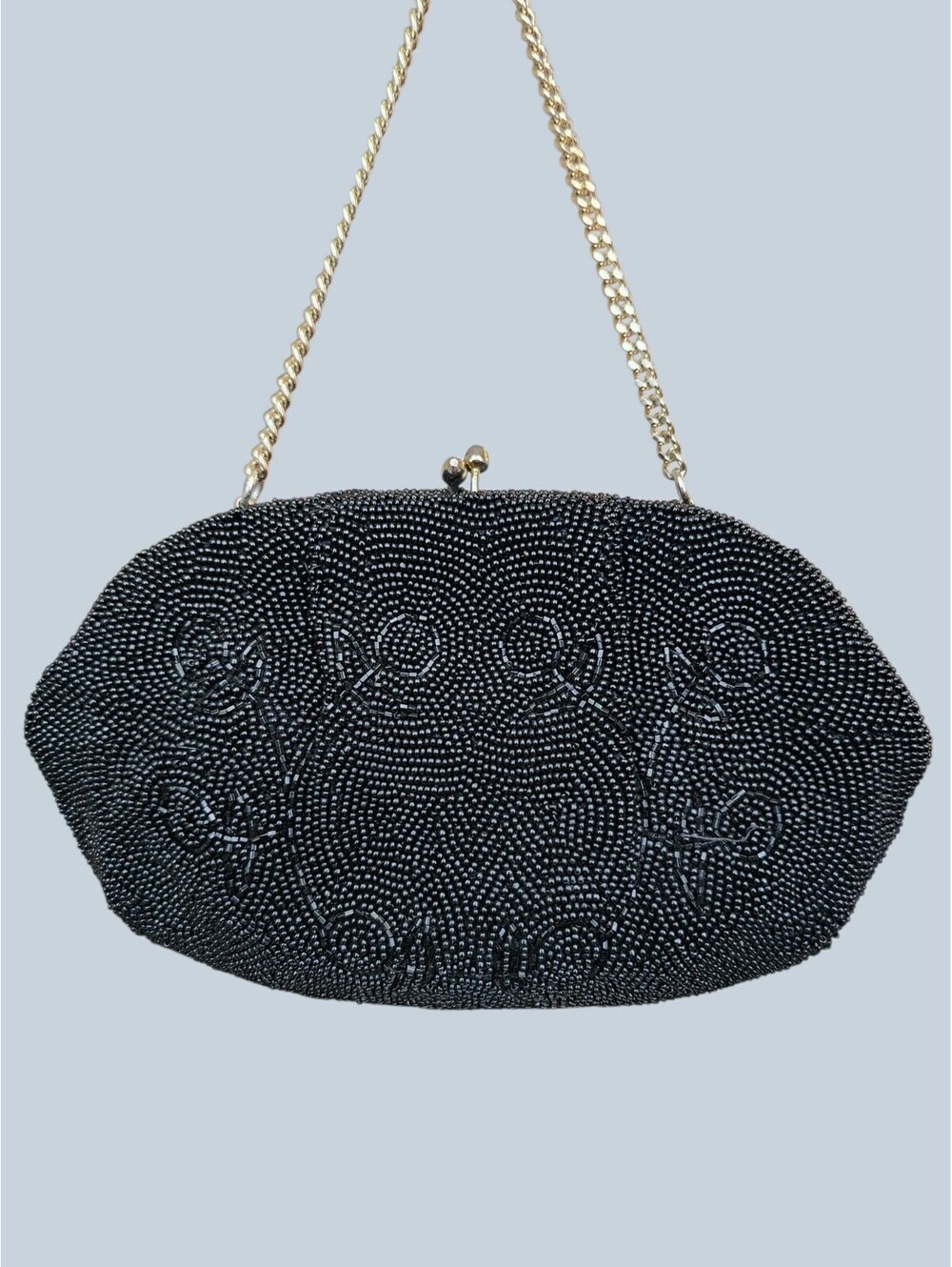 VTG 1950s 1960s Black Beaded Evening Bag Clutch Gold Chain Made in Japan Mirror